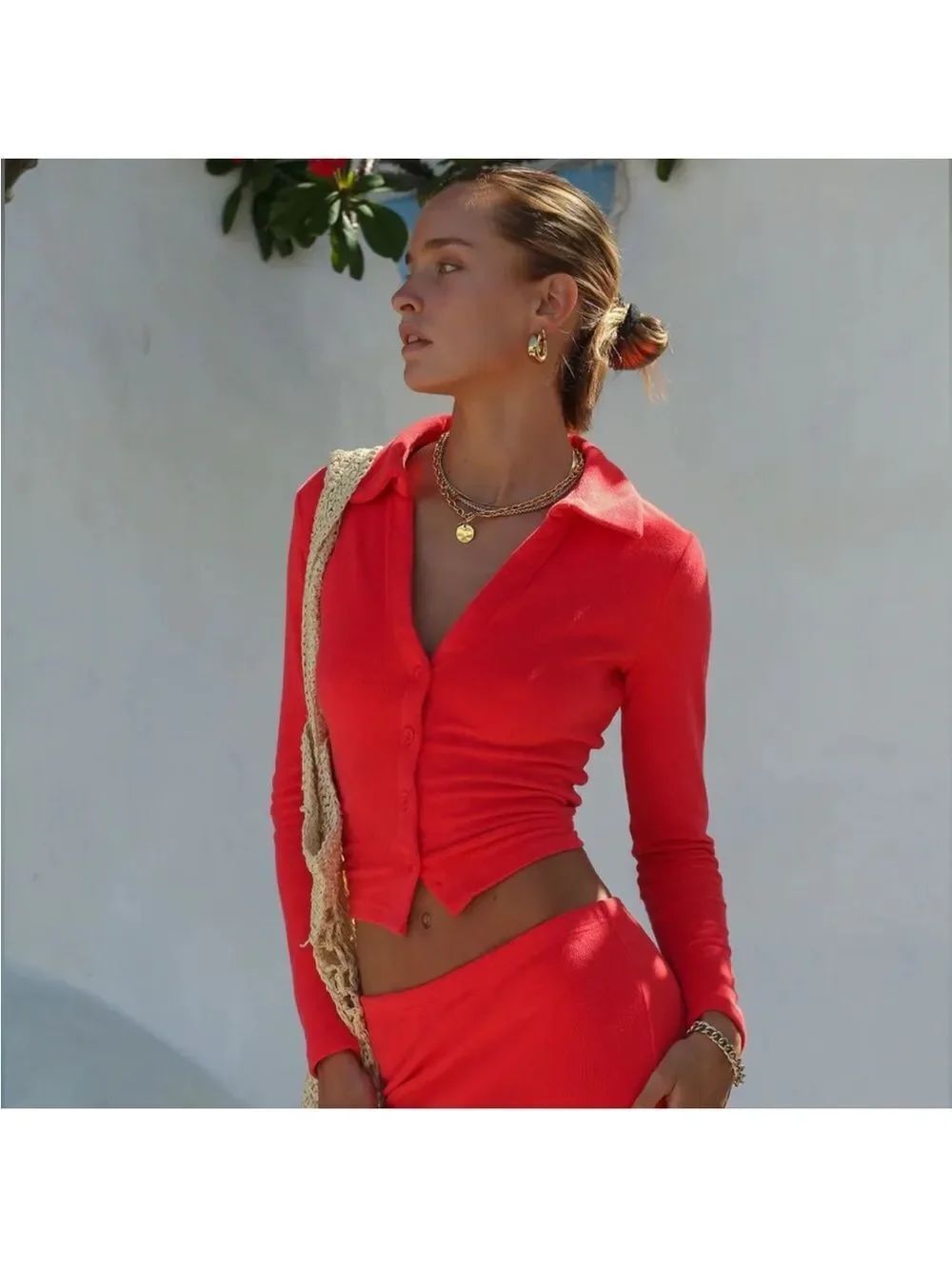 Araminta James Women's Bailey Long Sleeve Button Top in Coral Terry Size Small